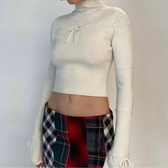 Danielle Guizio Ivory Cashmere Wool Pointelle Knit Tie Front Crop Sweater Small - Picture 1 of 13